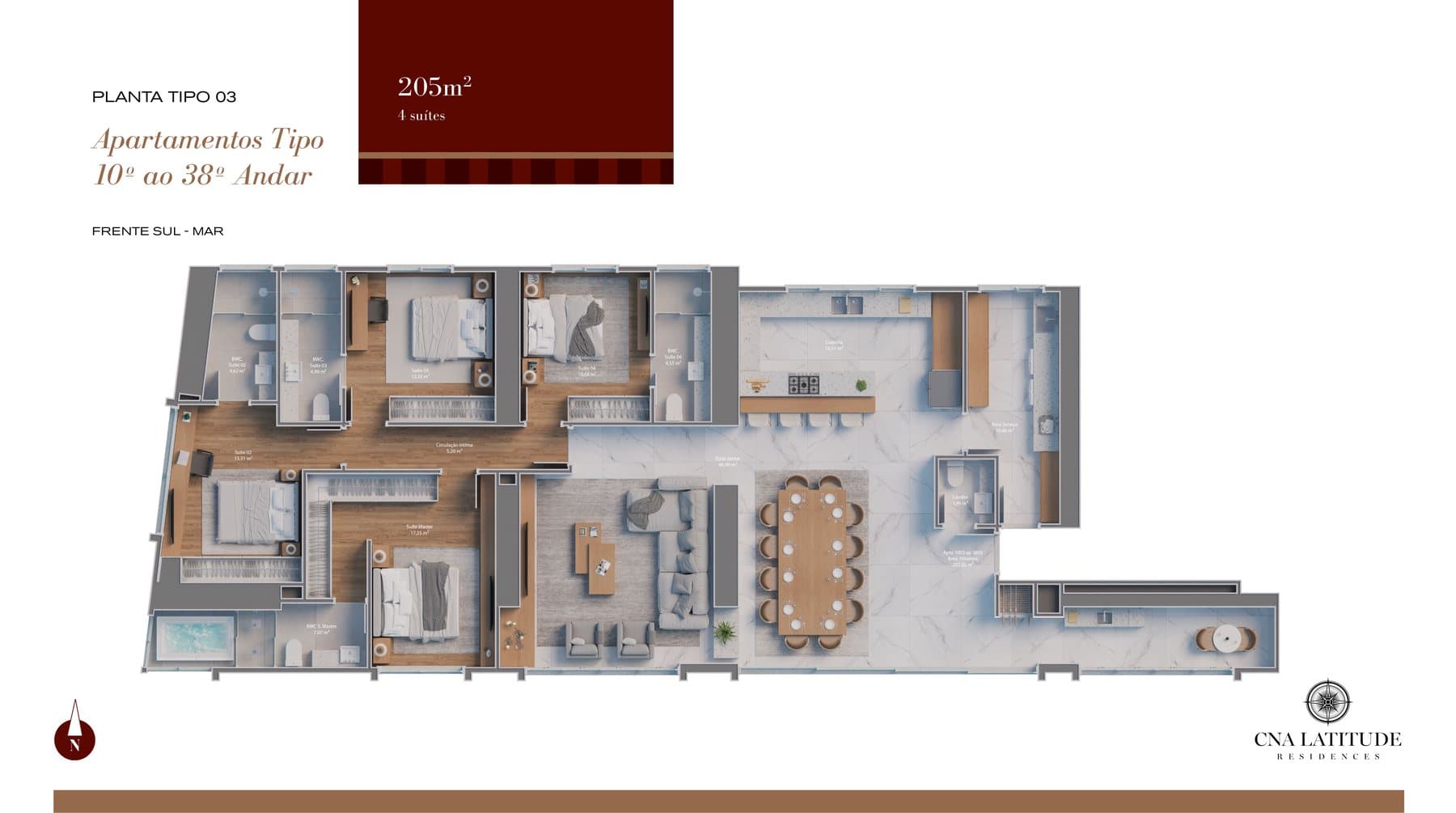 Planta do apartamento tipo 03 do Latitude, de 205 m², em Meia Praia