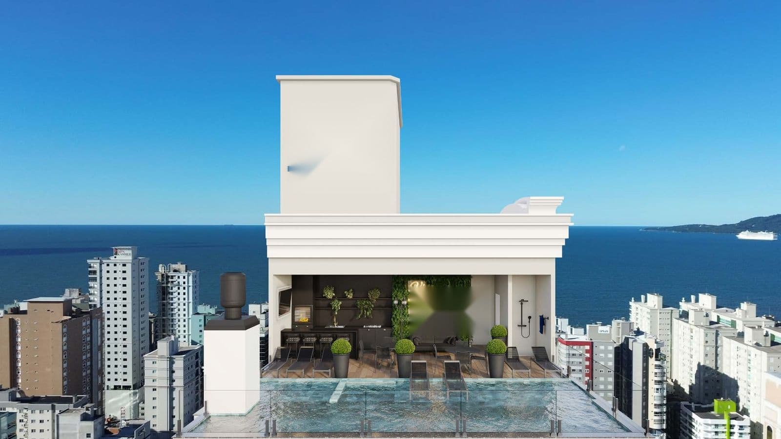Piscina aquecida de borda infinita na cobertura do Le Chloe, com vista para o mar de Itapema