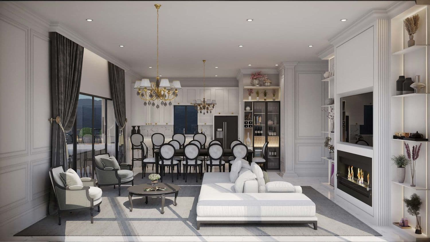 Living integrado de 50 m² de um apartamento do Le Chloe, na Meia Praia, Itapema