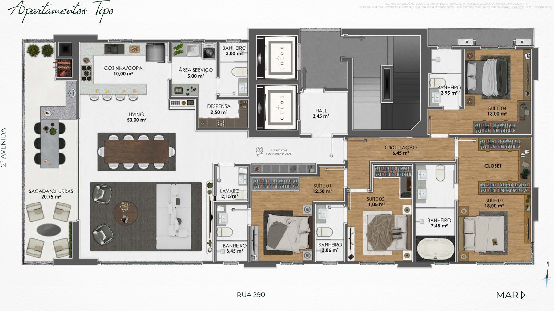 Planta humanizada do apartamento tipo de 196 m² com 4 suítes do Le Chloe, em Itapema