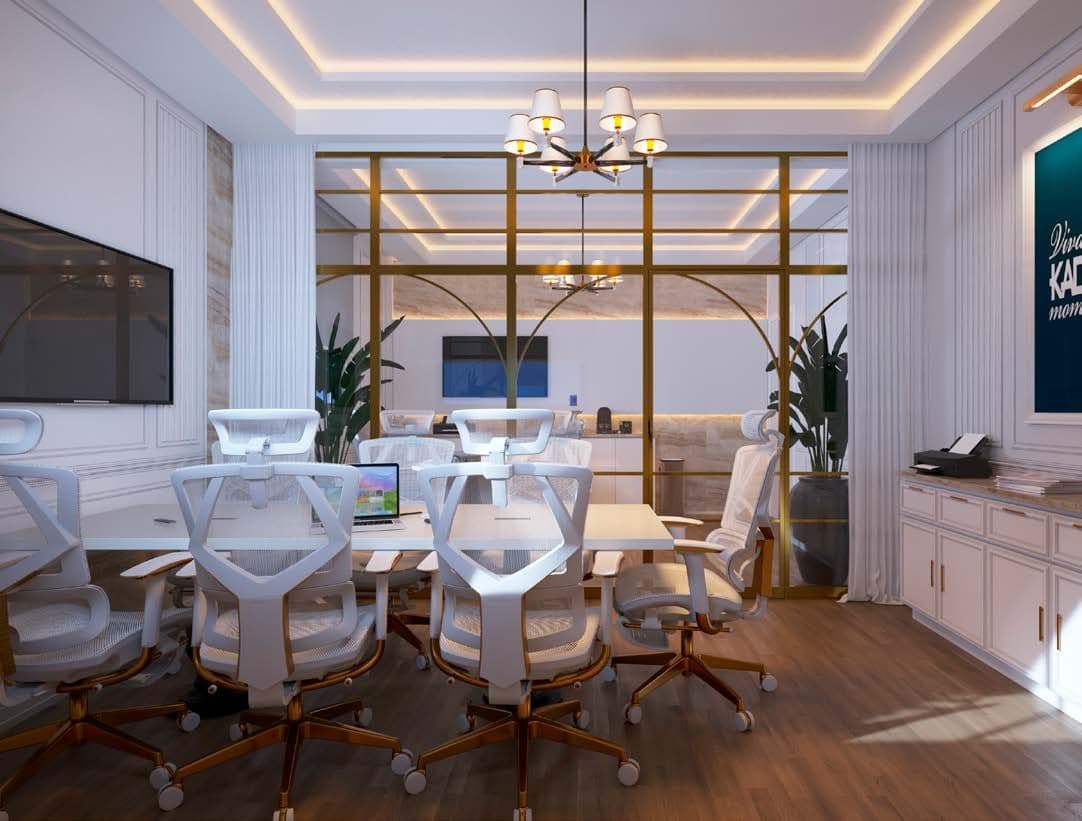 Espaço coworking e sala de reuniões na cobertura do Le Jardins, em Itapema