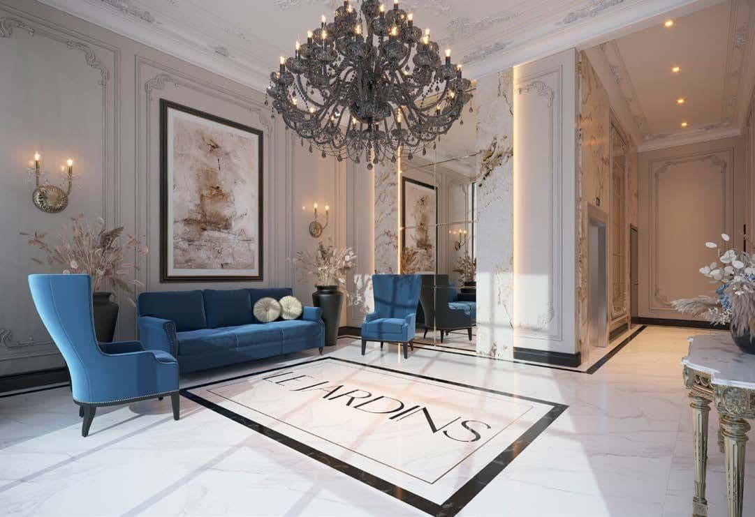 Hall de entrada climatizado e sonorizado do Le Jardins, na Meia Praia, Itapema