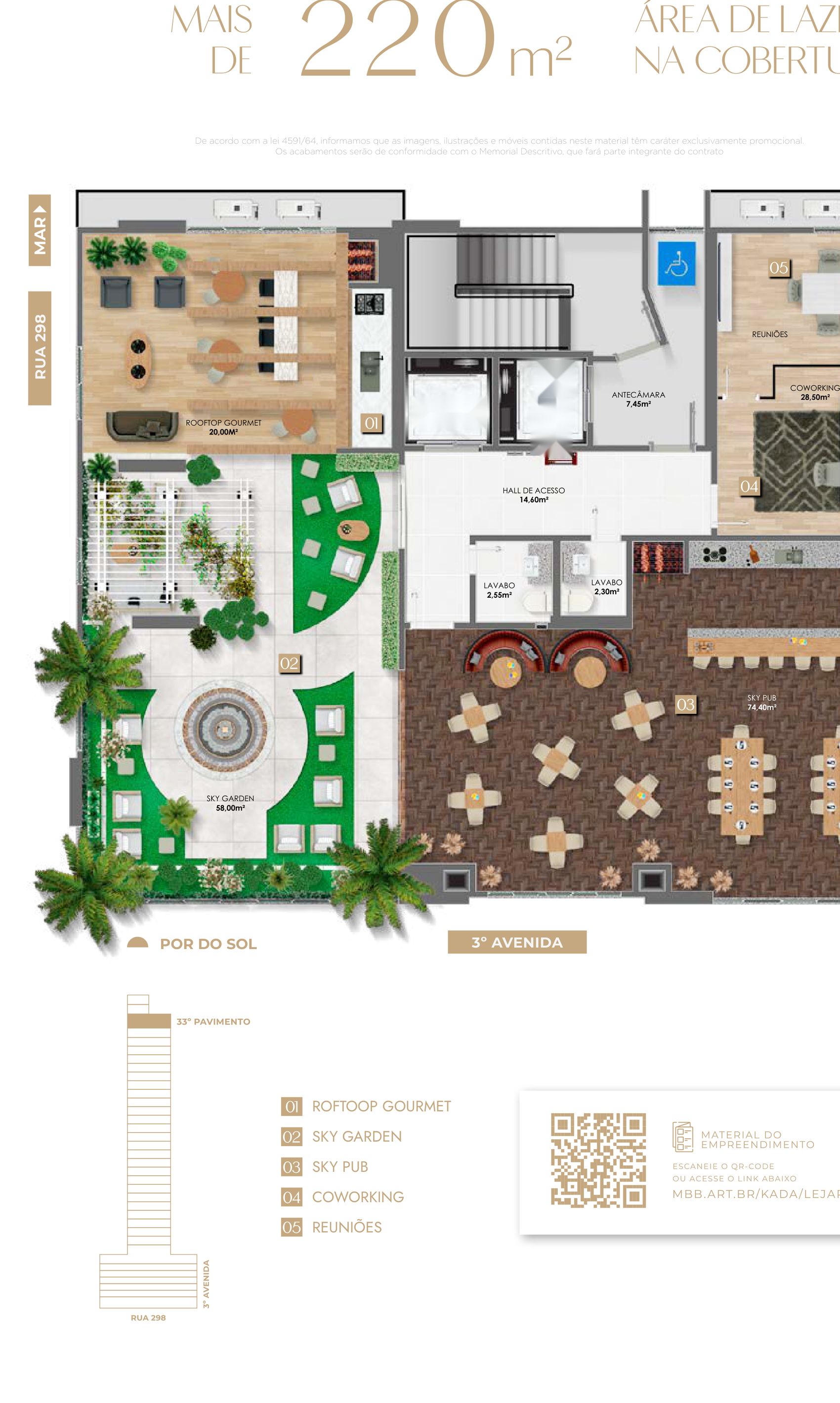 Planta da cobertura de lazer de mais de 220 m² no 33º andar do Le Jardins, em Itapema