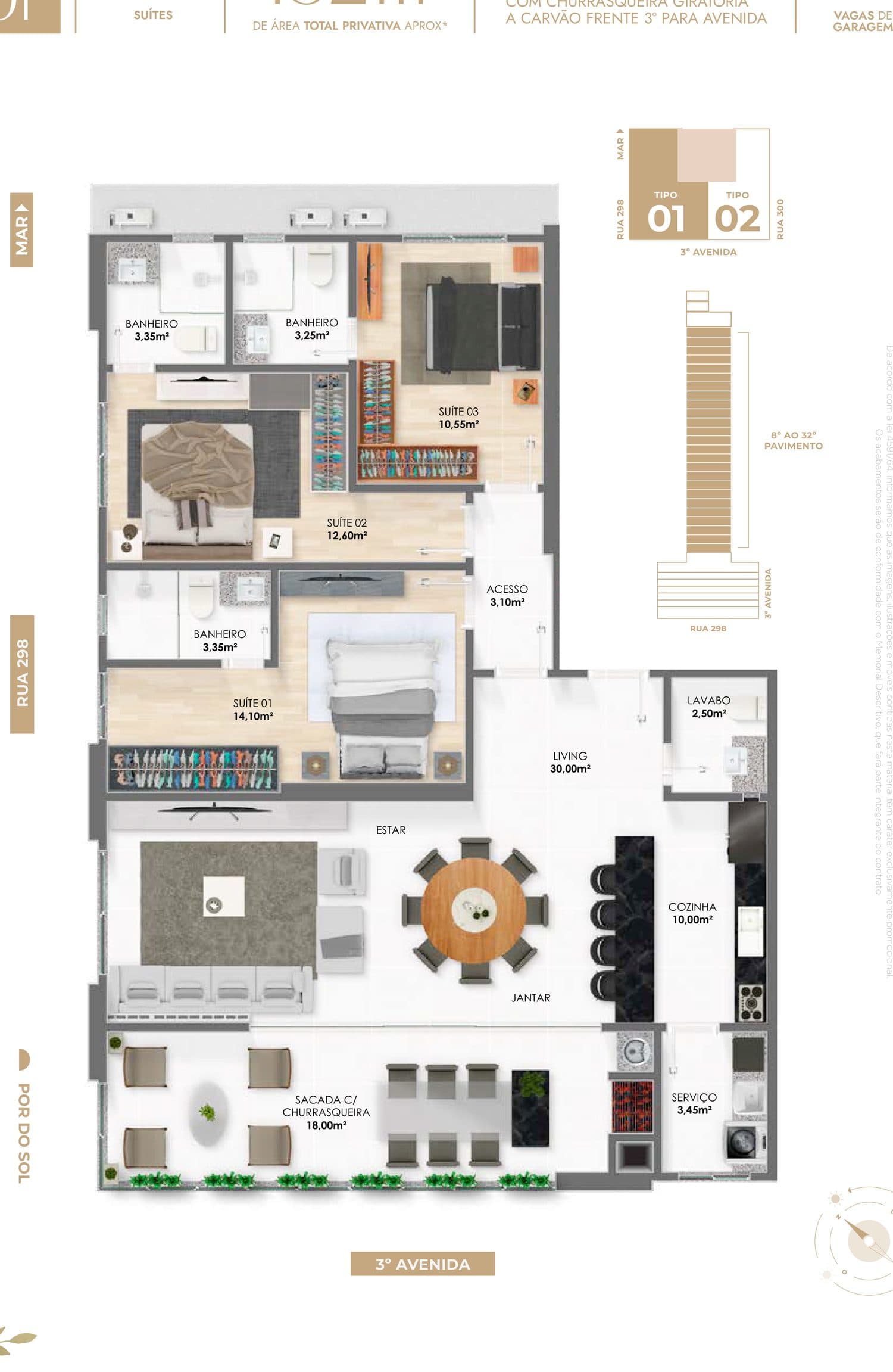Planta humanizada do apartamento Tipo 01 de 132 m² com 3 suítes do Le Jardins, na Meia Praia, Itapema