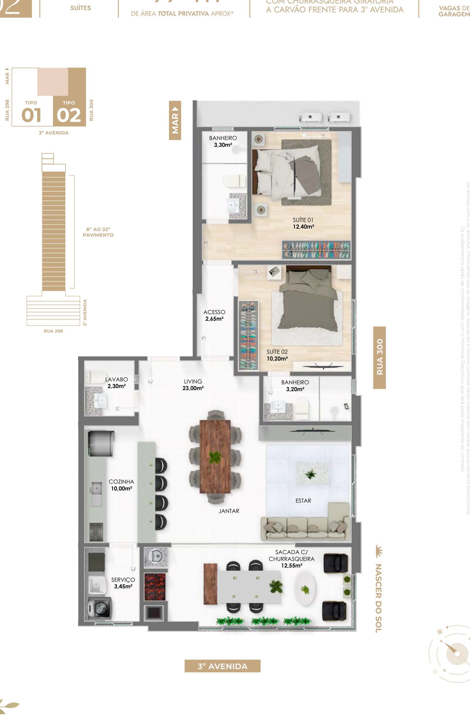 Planta humanizada do apartamento Tipo 02 de 97 m² com 2 suítes do Le Jardins, em Itapema