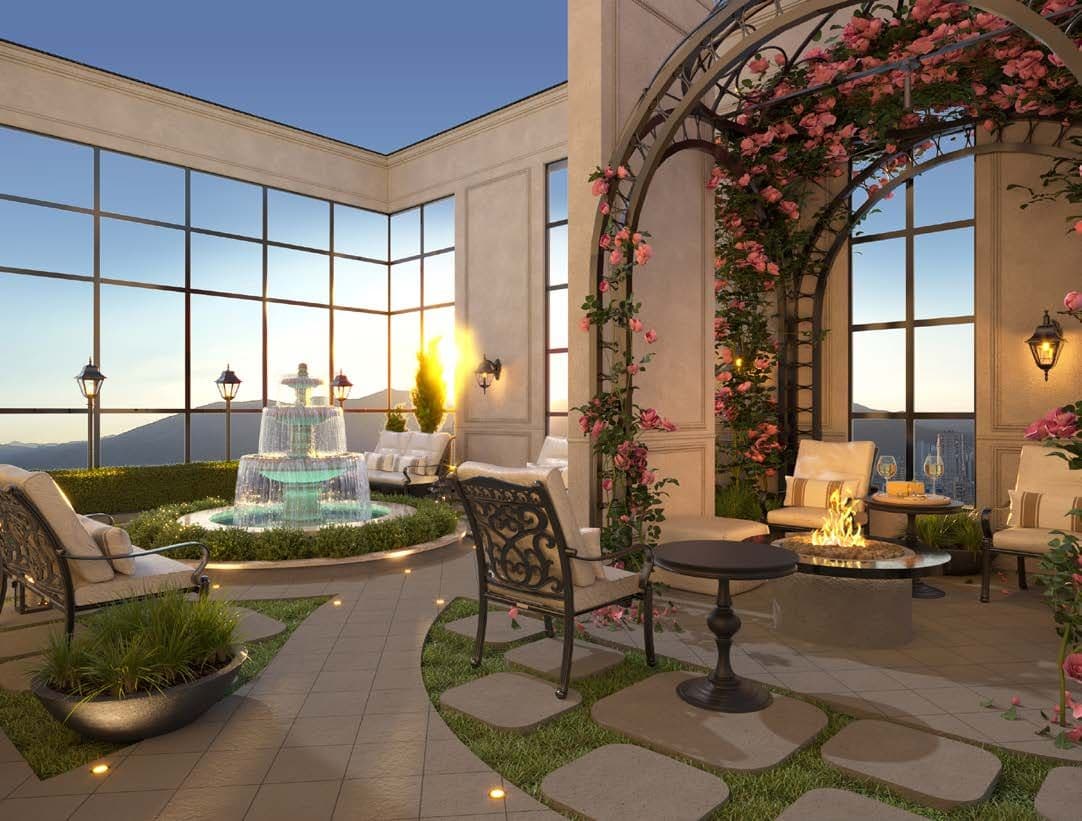 Sky garden na cobertura do Le Jardins, com jardim e fonte ao pôr do sol, em Itapema