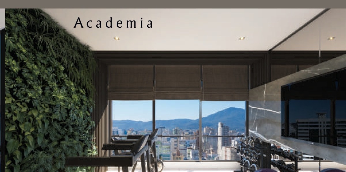 Academia do Le Rêve Flats no rooftop, com parede verde e vista, em Itapema