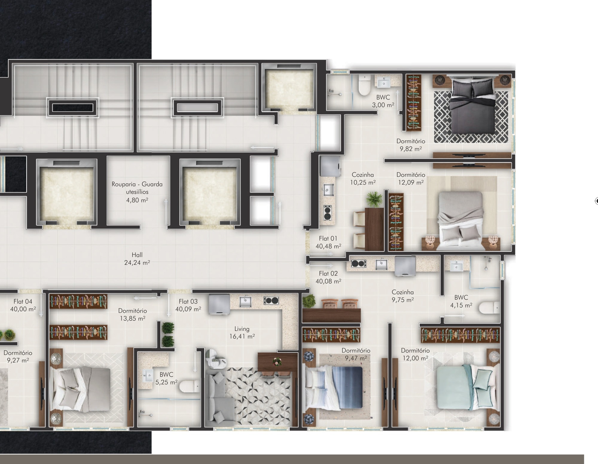 Planta do pavimento do Le Rêve Flats, com os cinco flats de 40 m² por andar