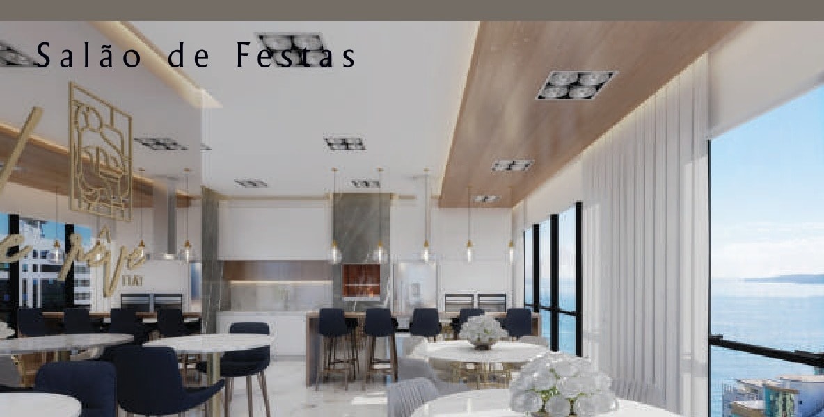 Salão de festas do Le Rêve Flats, decorado e mobiliado, em Meia Praia