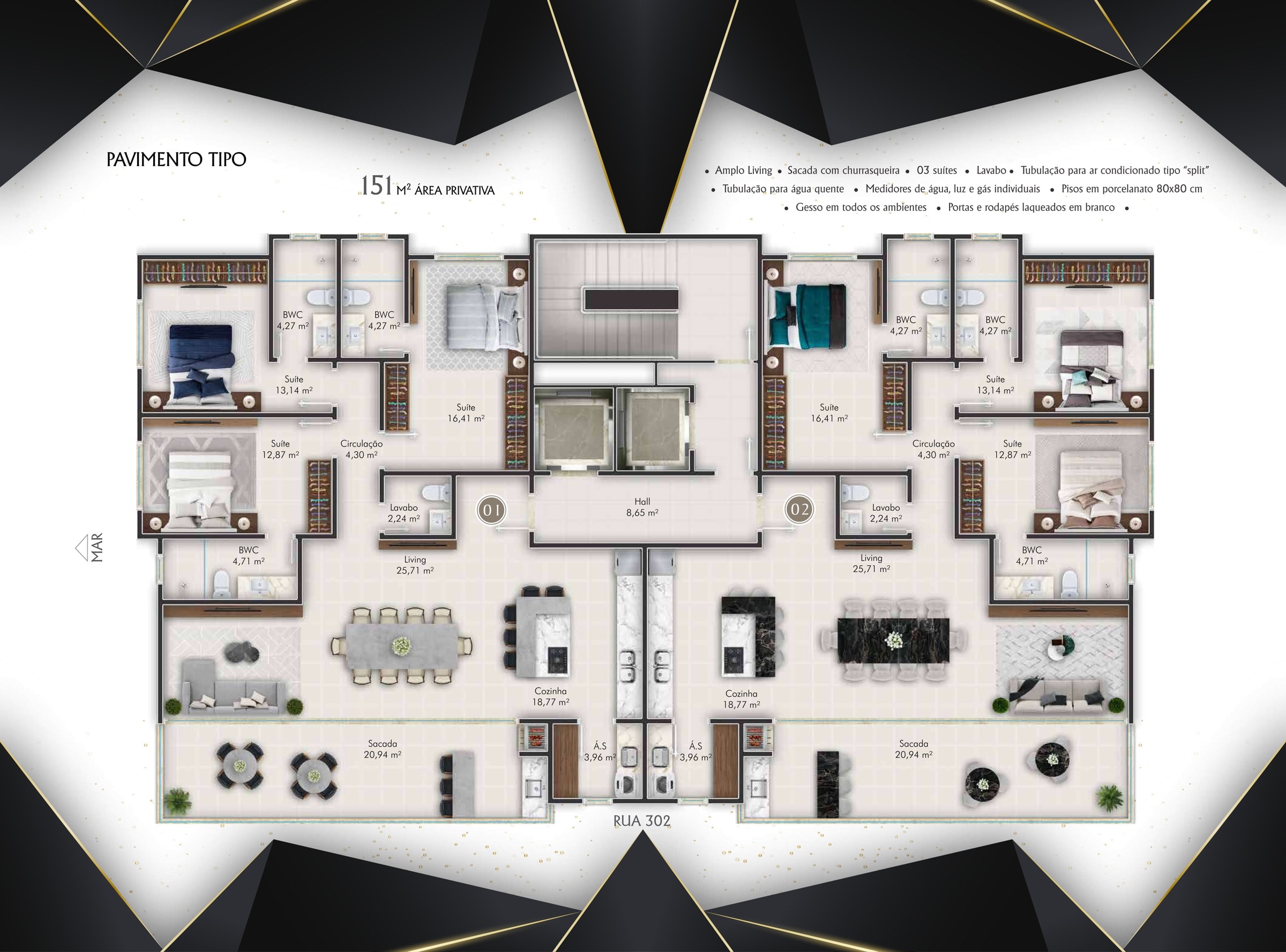Planta do pavimento tipo do Londres Residence: dois apartamentos por andar de 151 m² com 3 suítes