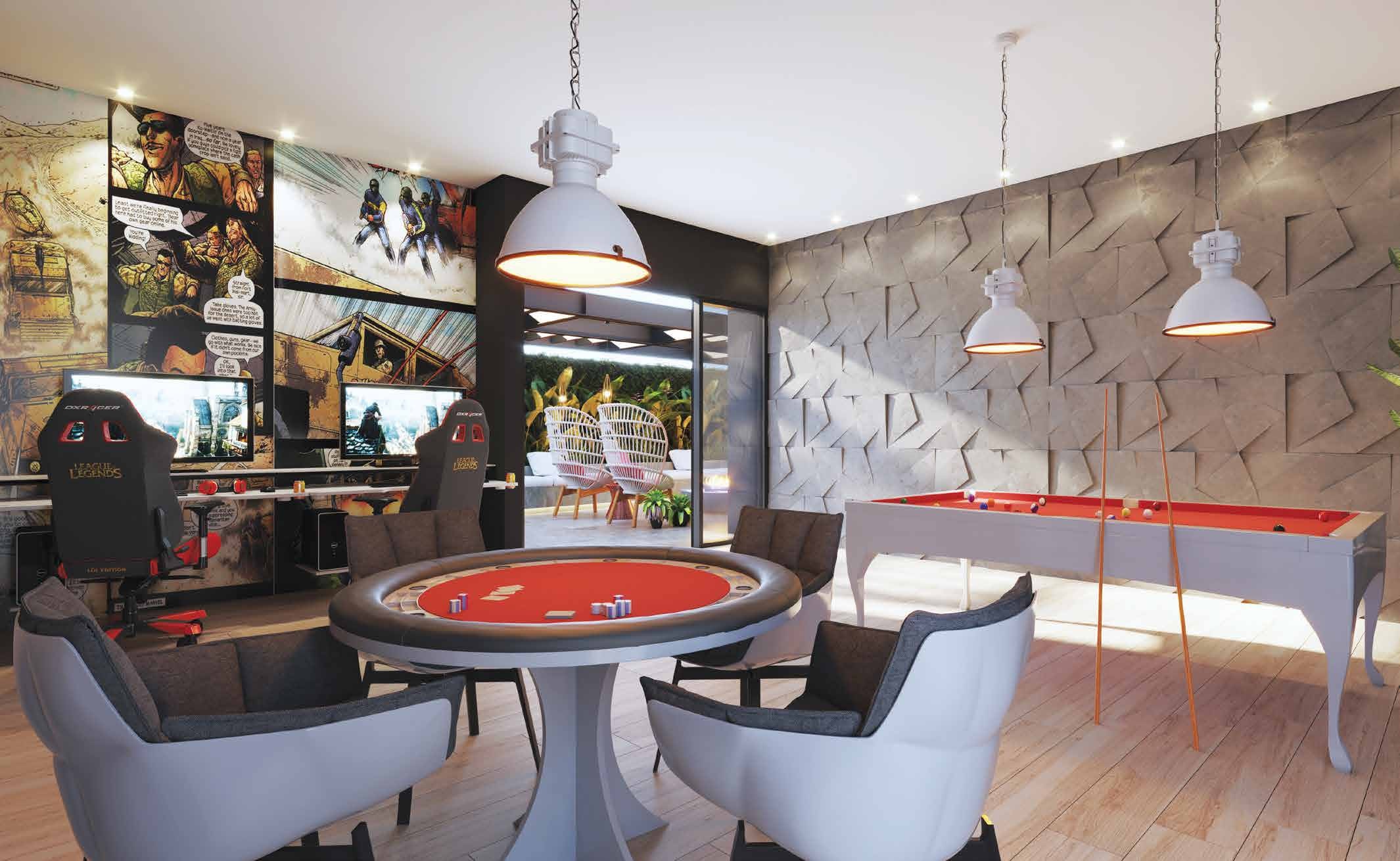Sala de jogos com sinuca e espaço gamer do Londres Residence, em Itapema