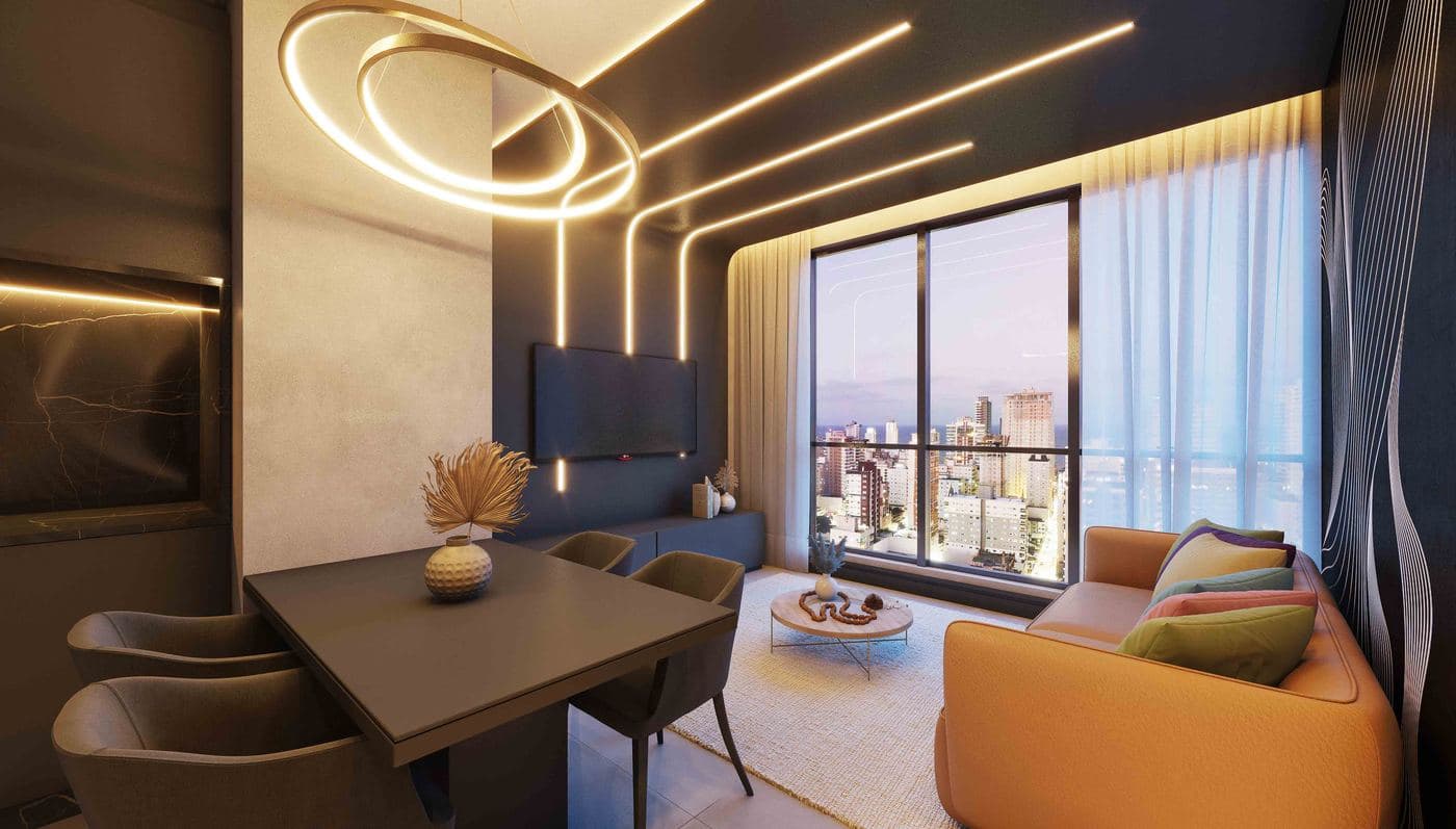 Living de um flat do Loyal Tower, na Meia Praia, Itapema