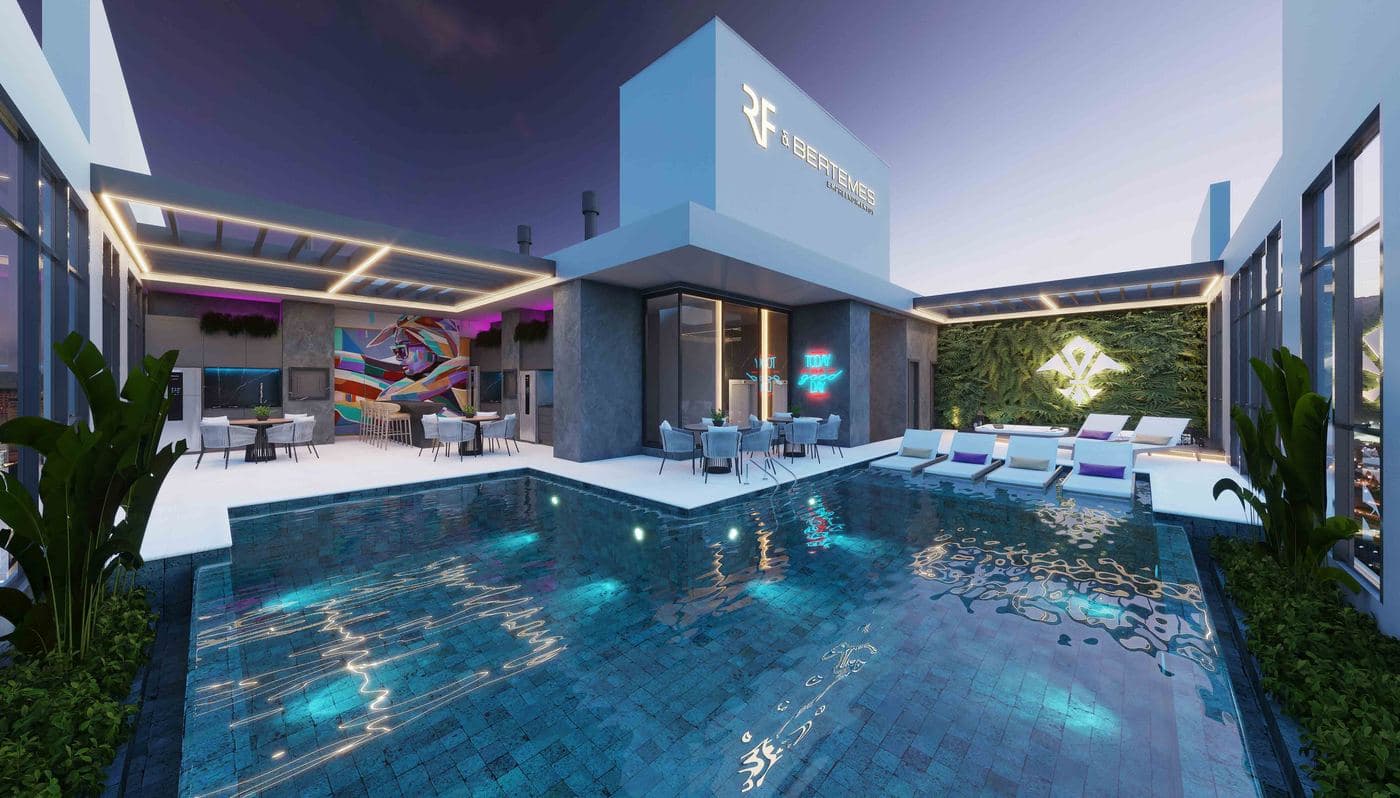 Piscina com borda infinita no rooftop do Loyal Tower Flats, na Meia Praia, Itapema
