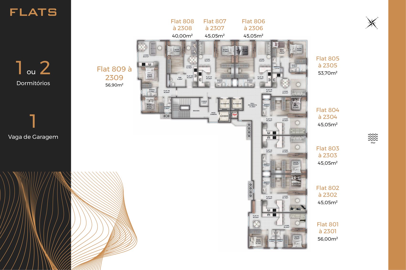 Planta do pavimento tipo do Loyal Tower Flats, com os nove flats por andar, em Itapema