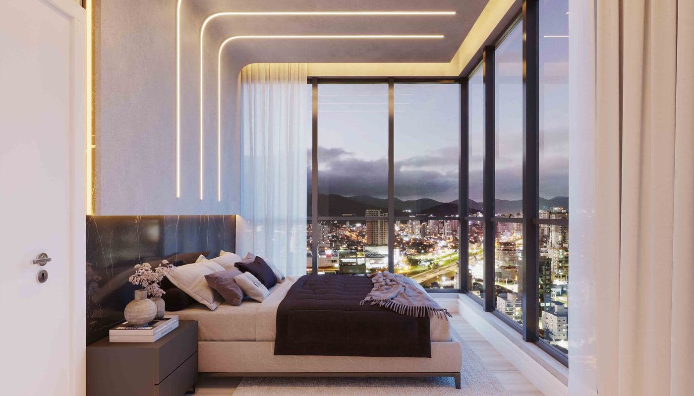 Quarto de um flat do Loyal Tower, com vista para Itapema