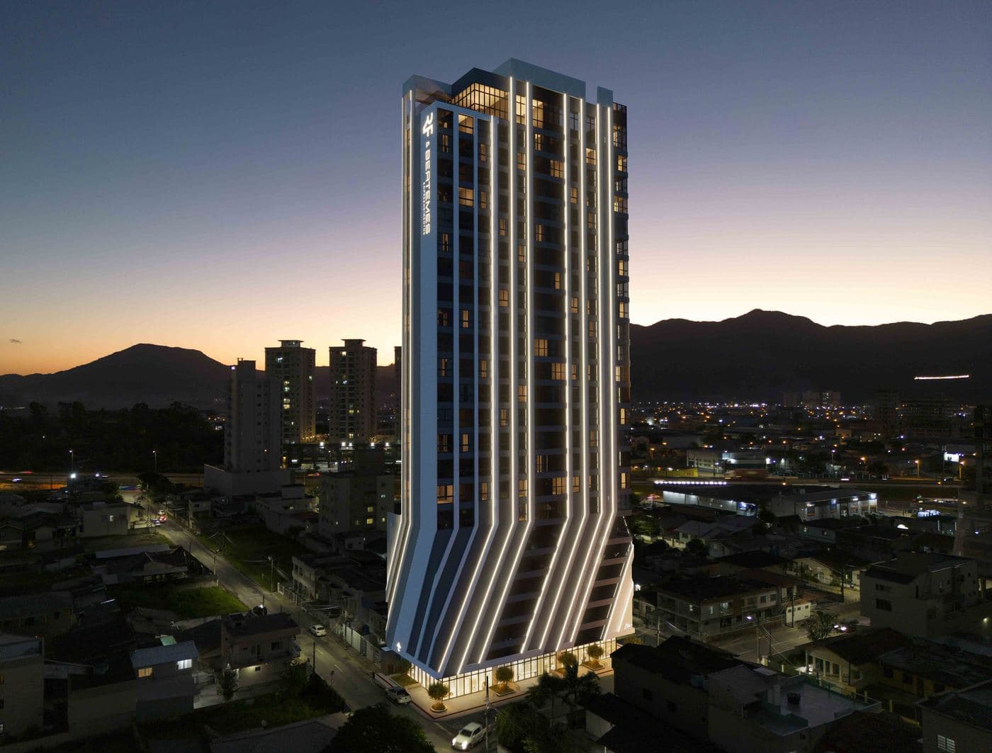 Torre do Loyal Tower Flats no skyline de Itapema, vista à noite