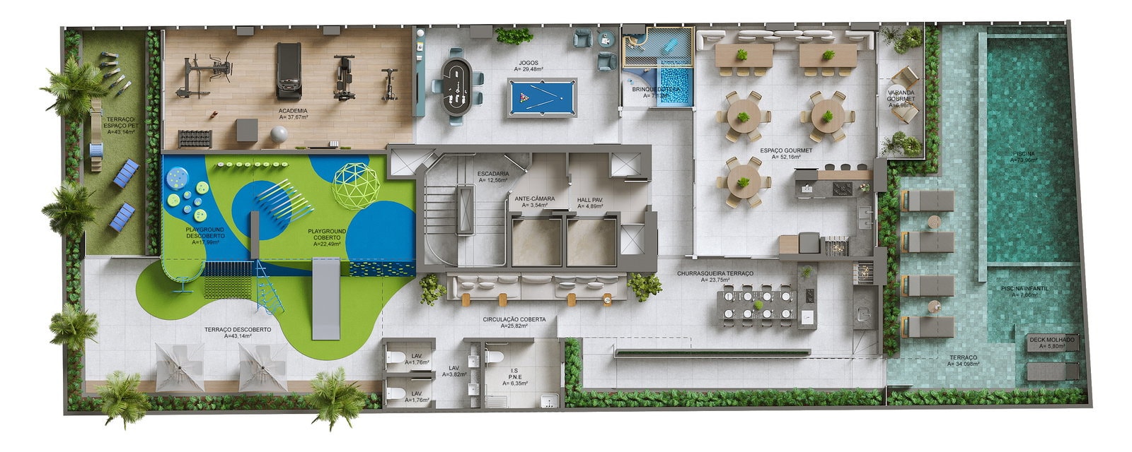 Planta da área de lazer de 464 m² do Mares do Sul, em Meia Praia, Itapema