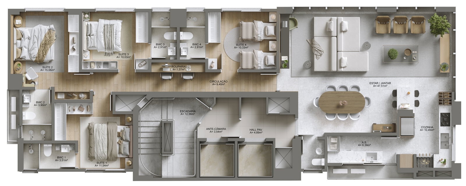 Planta do apartamento tipo do Mares do Sul, com 4 suítes e 158,83 m², em Meia Praia