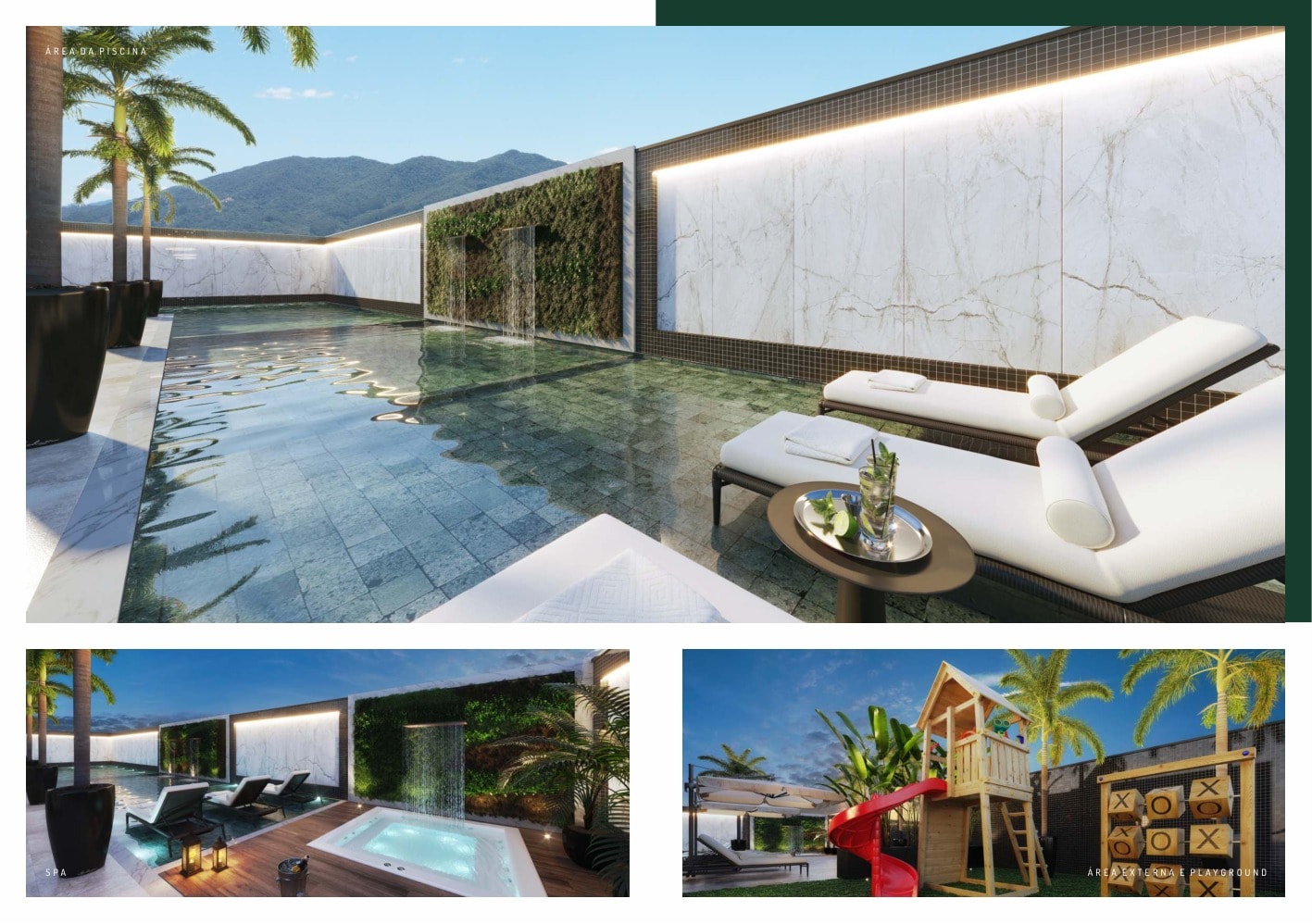 Área da piscina com spa integrado do Monte Olimpo, em Meia Praia, Itapema