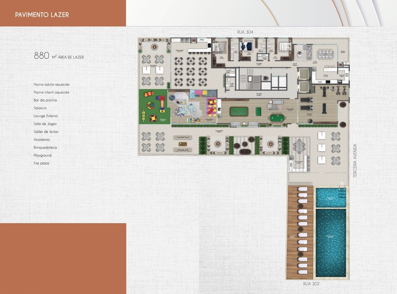 Planta do pavimento de lazer do Monte Solaro, com 880 m²