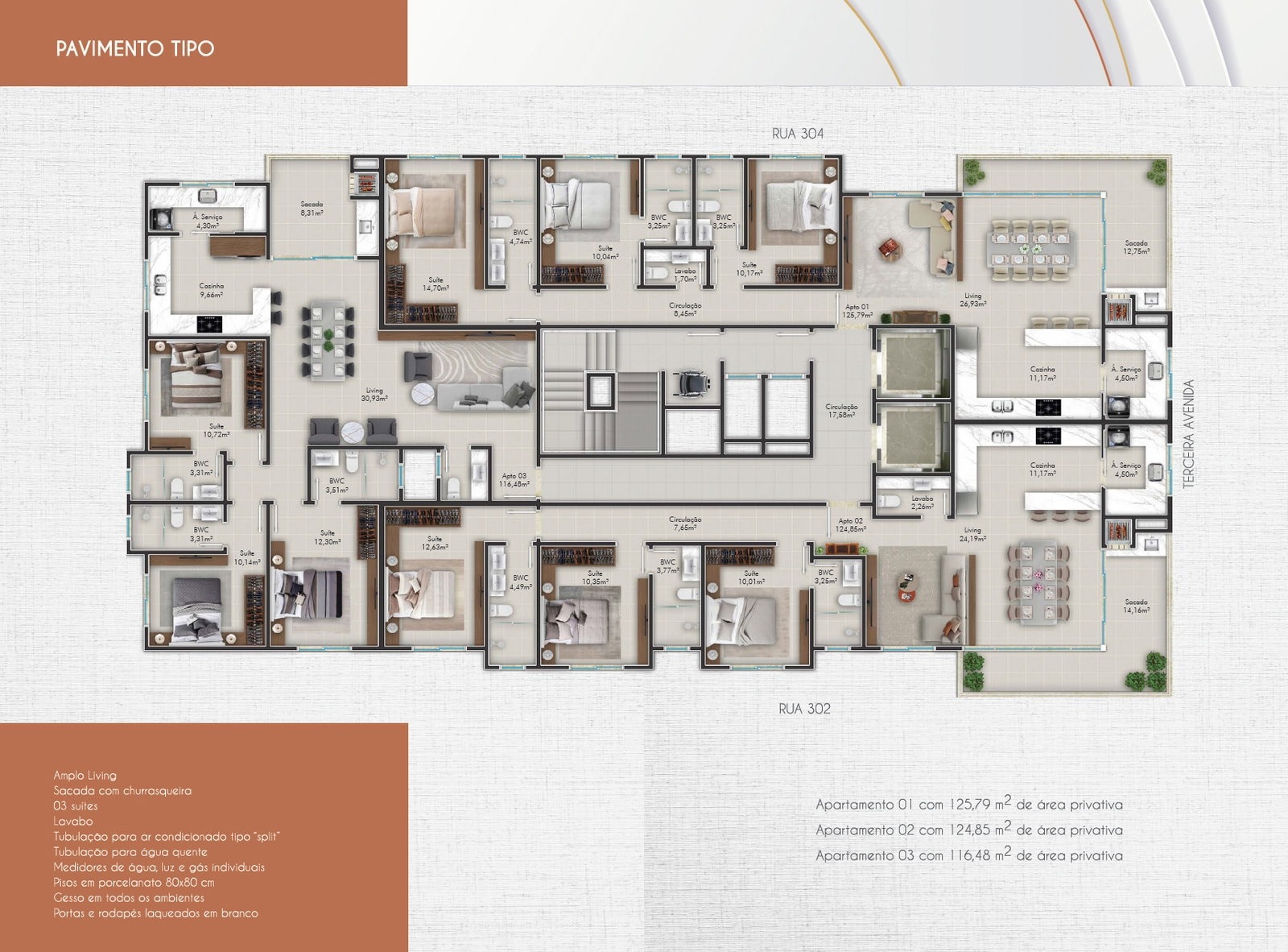 Planta do pavimento tipo do Monte Solaro, com os três apartamentos de 3 suítes por andar