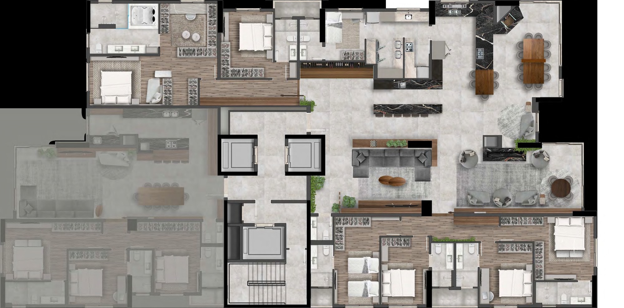 Planta da mansão suspensa do Ocean Hill, com 401,21 m², 6 ou 7 suítes e seis vagas