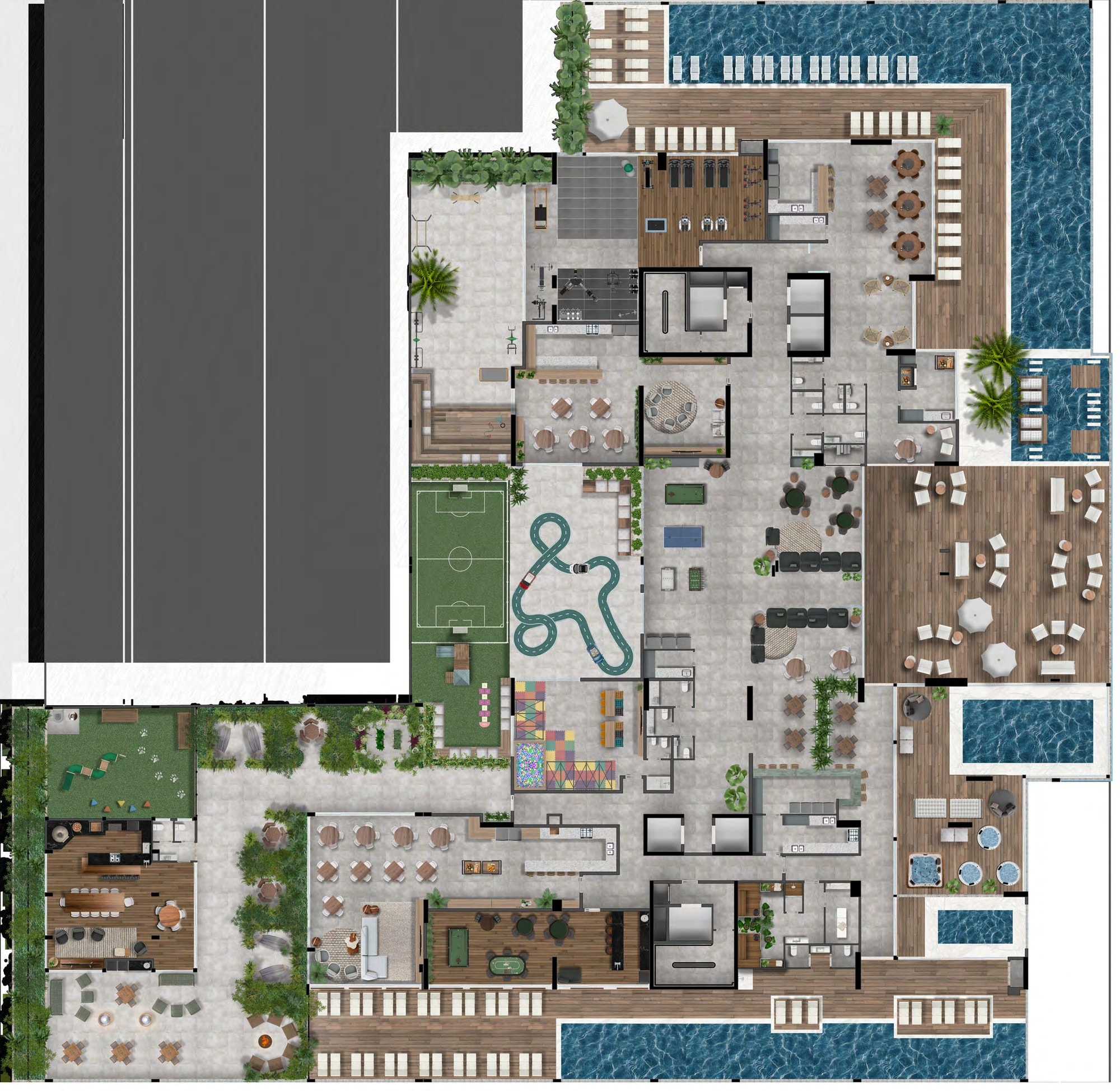 Planta do pavimento de lazer do Ocean Hill, com as duas piscinas, ofurôs, academia e salões de festas