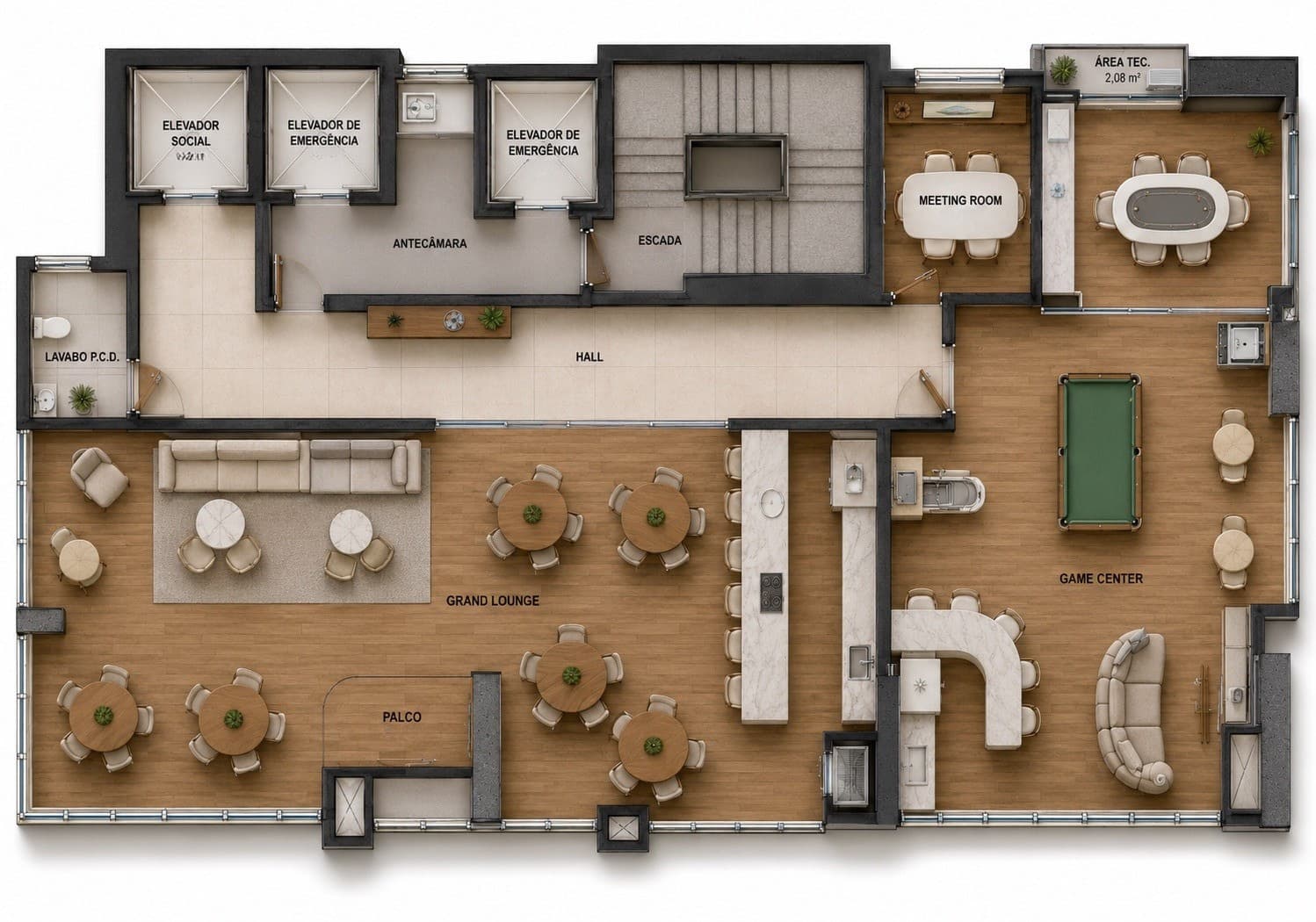 Planta do Sky Lounge do Olimpo — grand lounge, game center e poker