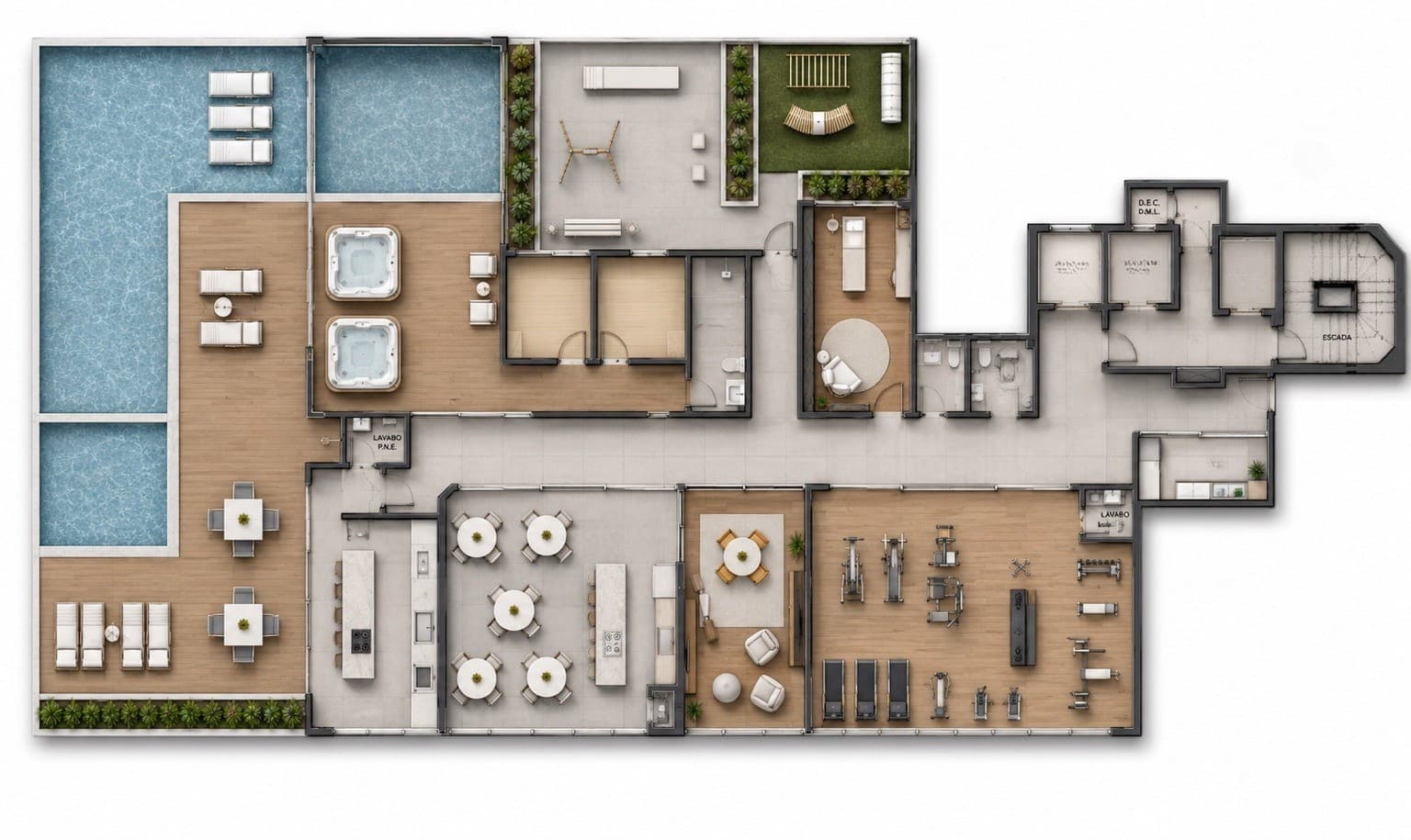 Planta do pavimento de lazer do Olimpo — piscinas, spa e fitness