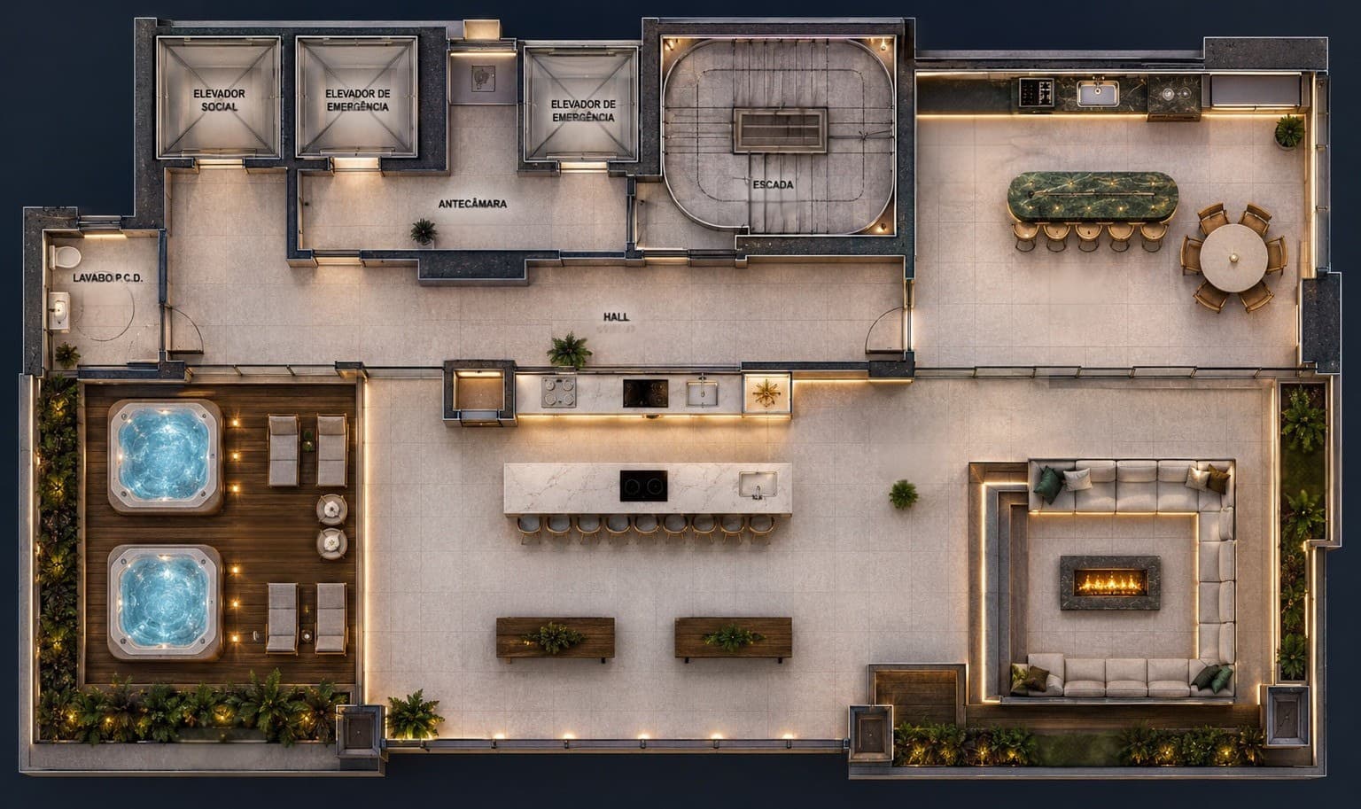Planta do rooftop Sky 160 do Olimpo — hidromassagens, wine bar e sky terrace