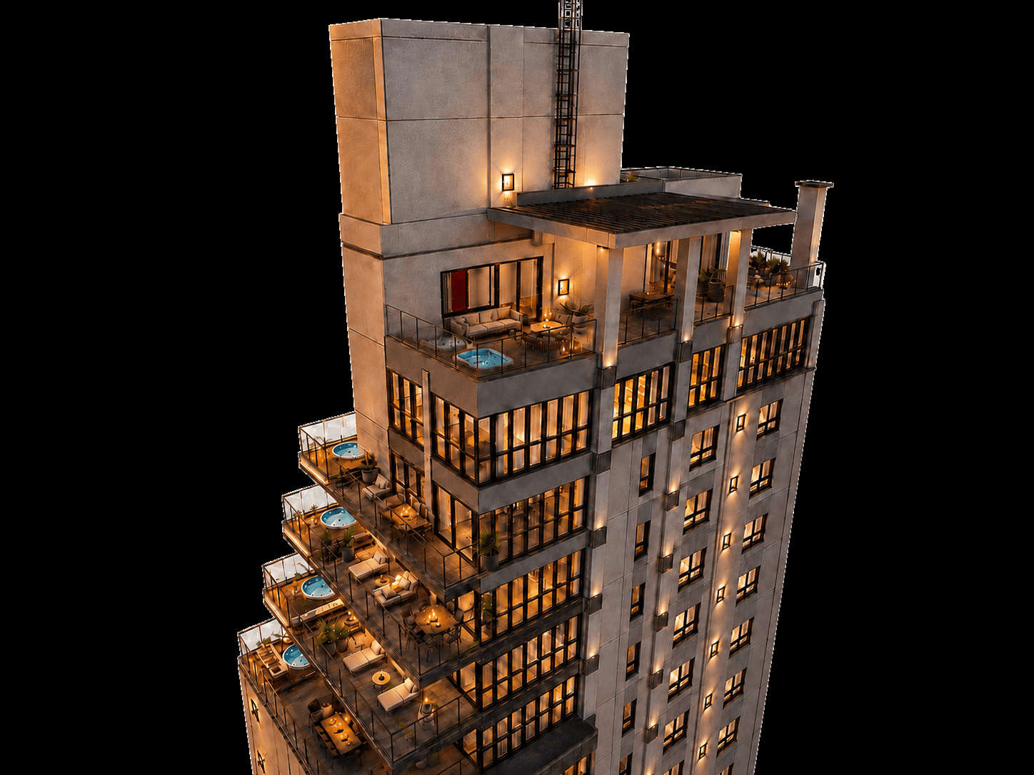 Render do topo da torre do Olimpo iluminada à noite, com varandas e hidromassagens
