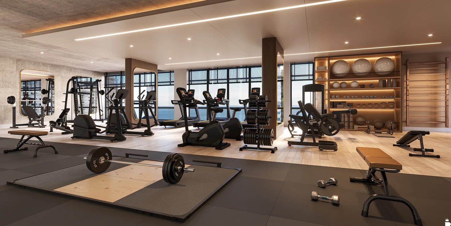 Espaço fitness do Onix Towers Residence, com equipamentos e vista