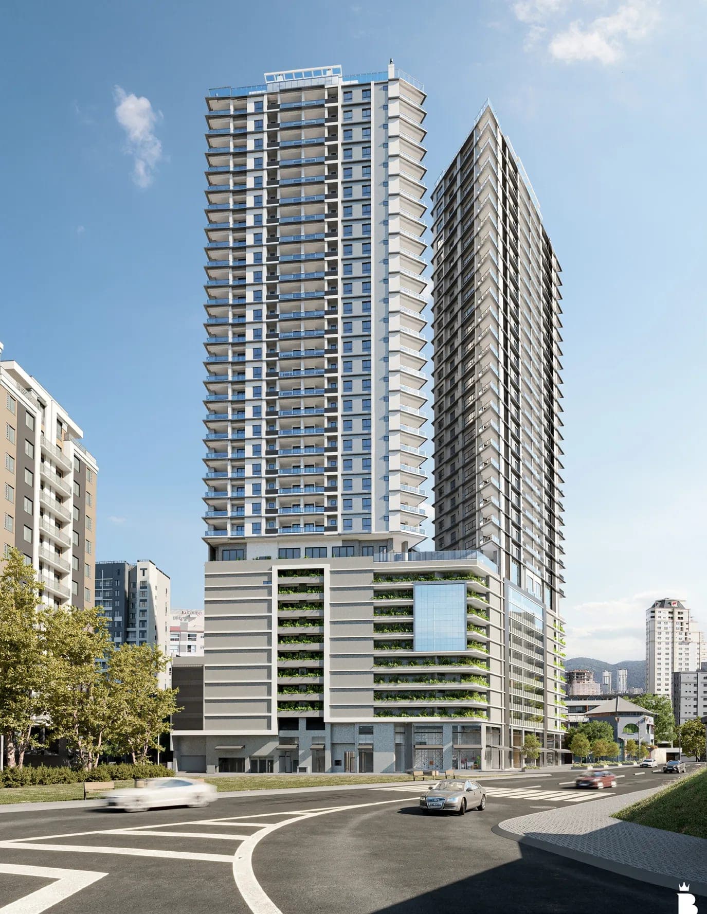 Base do Onix Towers Residence vista da rua, com o comércio no térreo