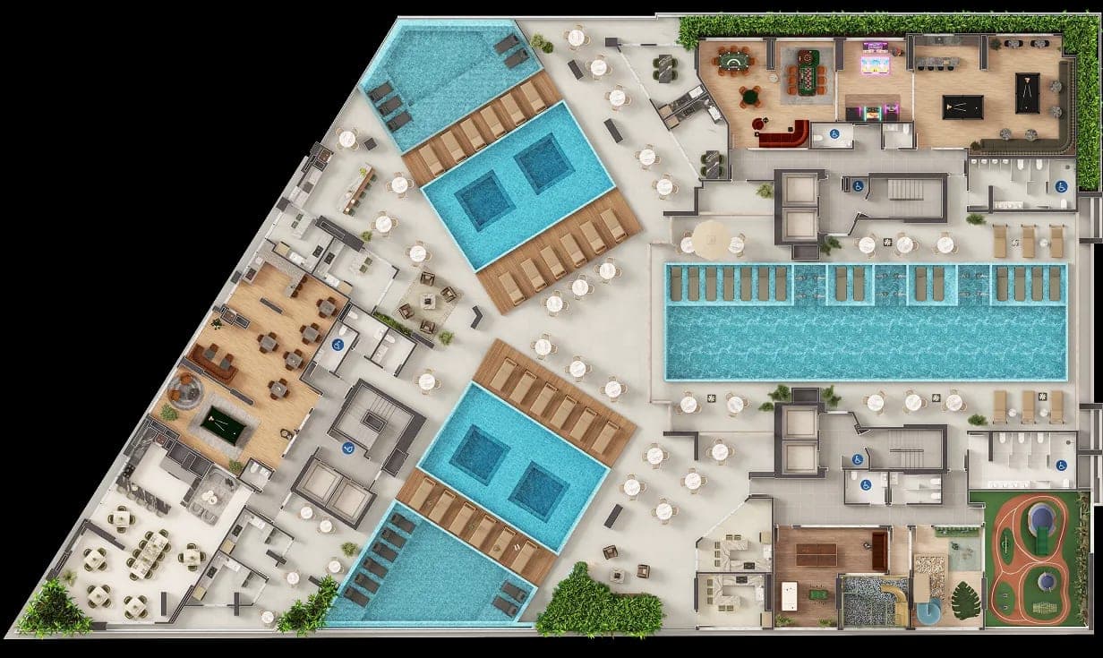 Planta humanizada da área de lazer do Onix Towers Residence