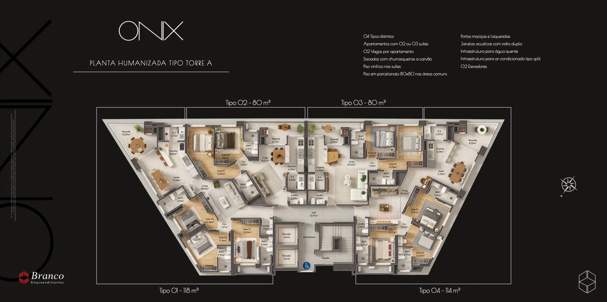 Planta humanizada do pavimento da Torre A do Onix Towers Residence, com os quatro tipos de apartamento