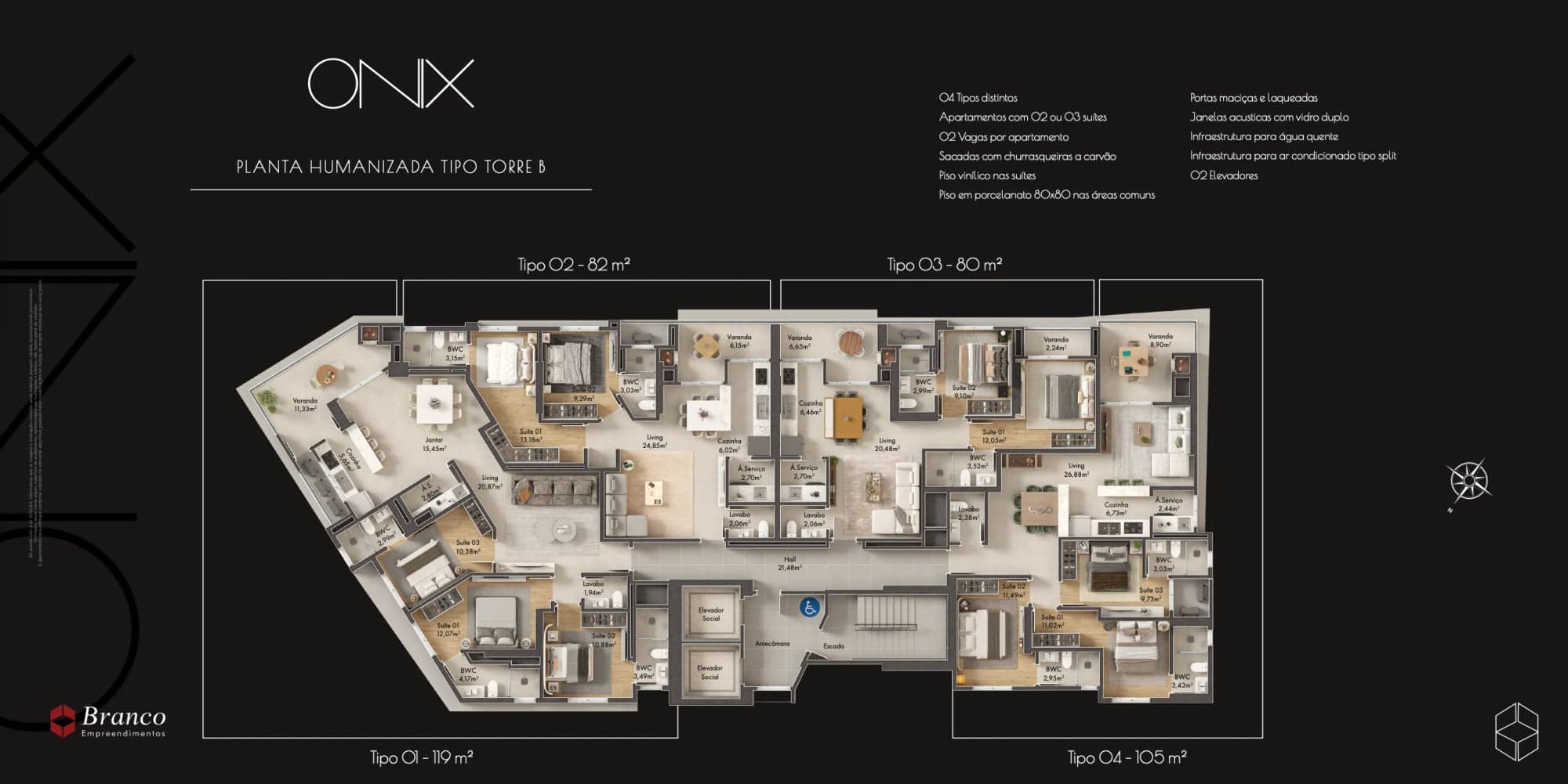 Planta humanizada do pavimento da Torre B do Onix Towers Residence, com os quatro tipos de apartamento