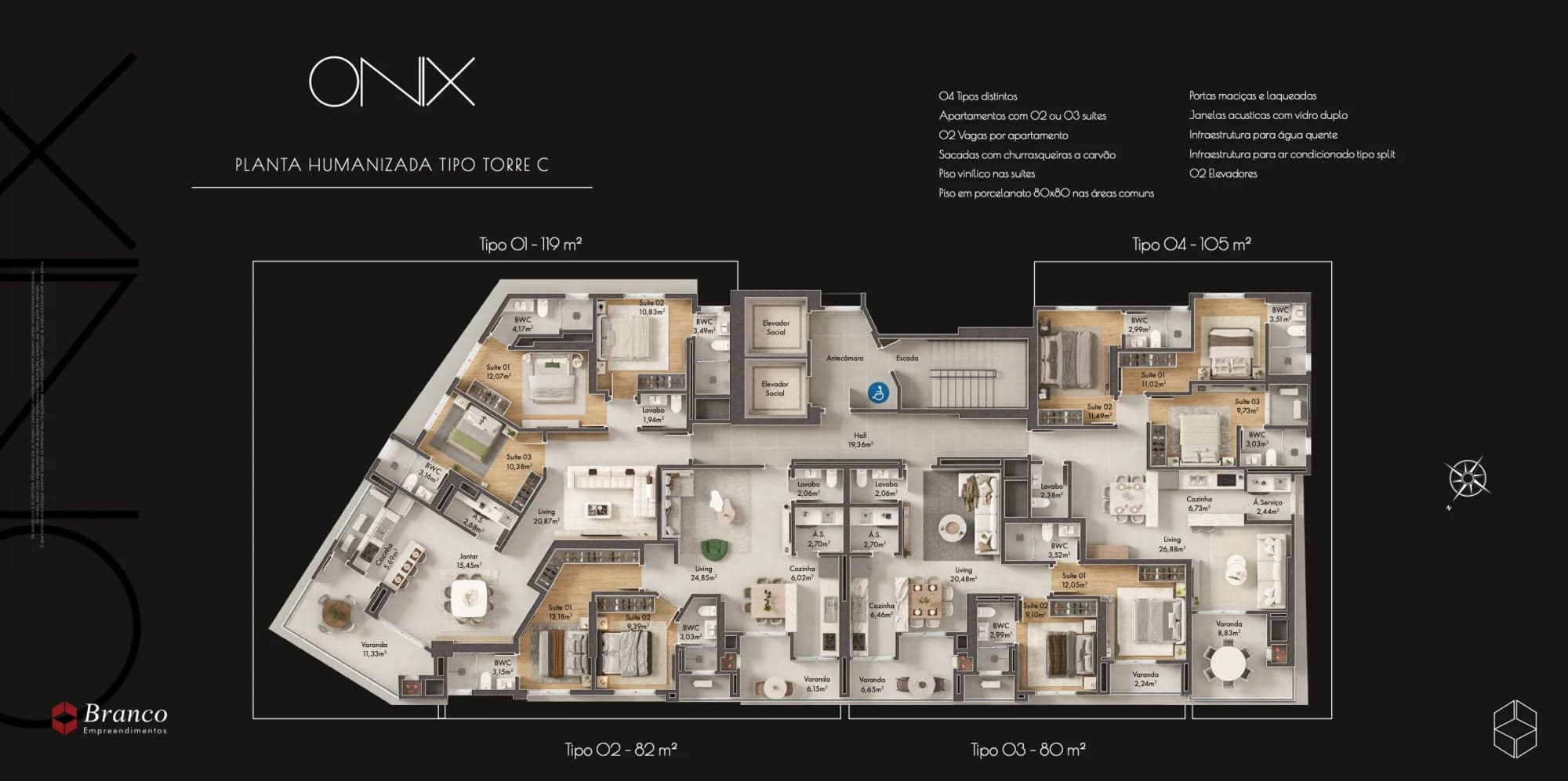 Planta humanizada do pavimento da Torre C do Onix Towers Residence, com os quatro tipos de apartamento