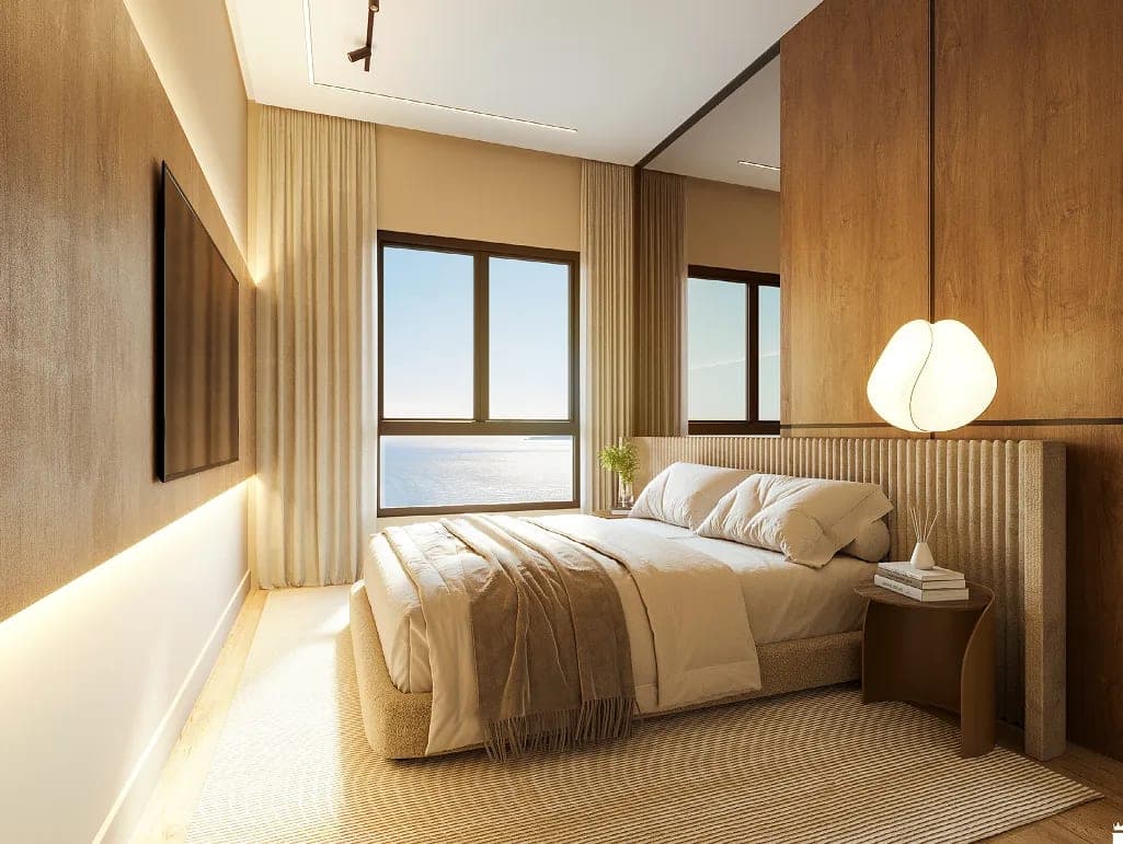 Suíte de apartamento do Onix Towers Residence, com vista para o mar