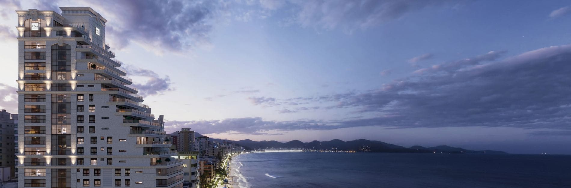 Torre do Ópera CNA Residence e a orla da Meia Praia ao entardecer, em Itapema