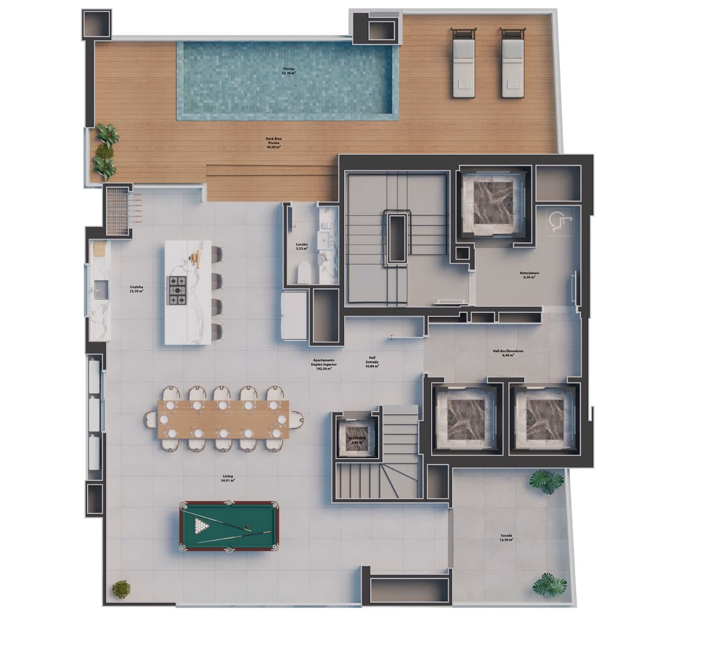 Planta do pavimento superior do duplex do Ópera CNA Residence, com piscina privativa