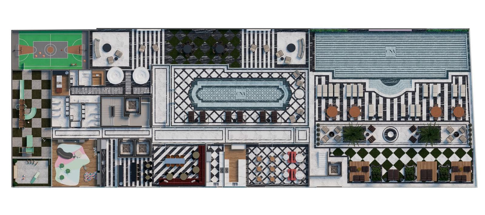 Planta do lazer L1 do Ópera CNA Residence, com 16 ambientes