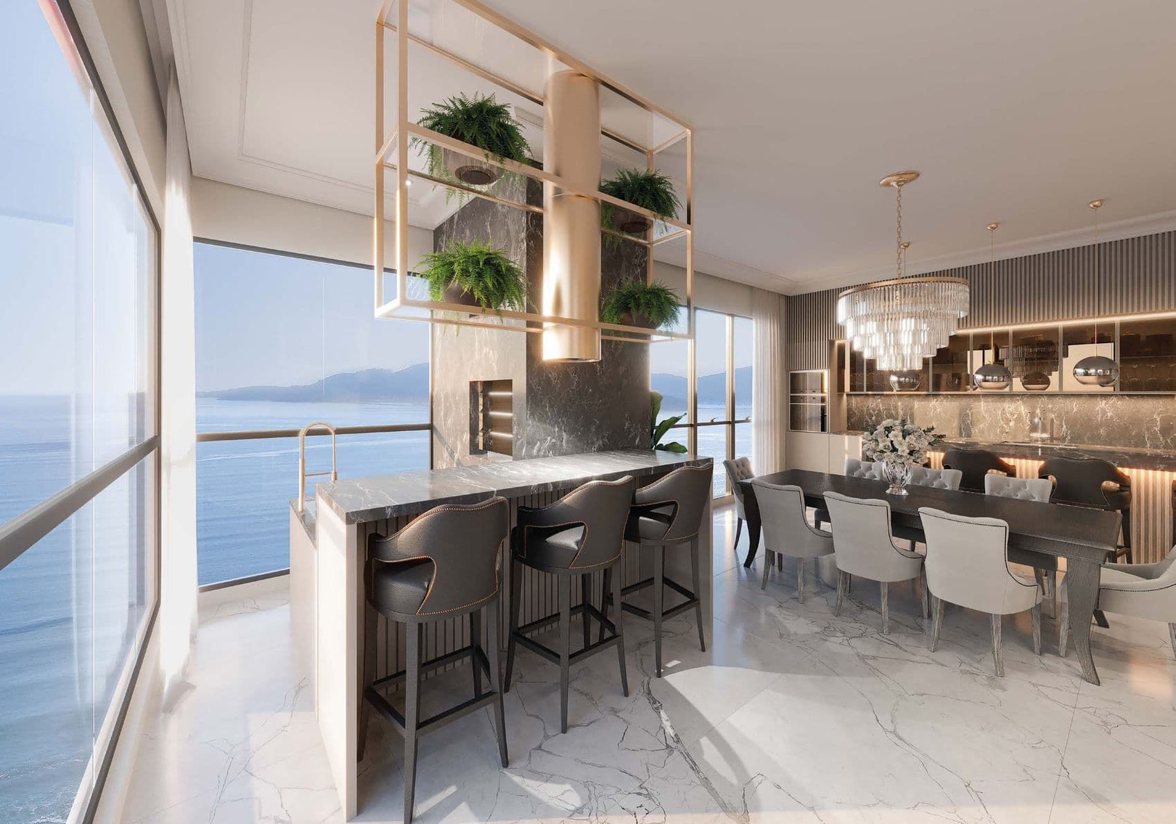 Sacada gourmet integrada com vista para o mar de um apartamento do Palazzo Royale, em Itapema