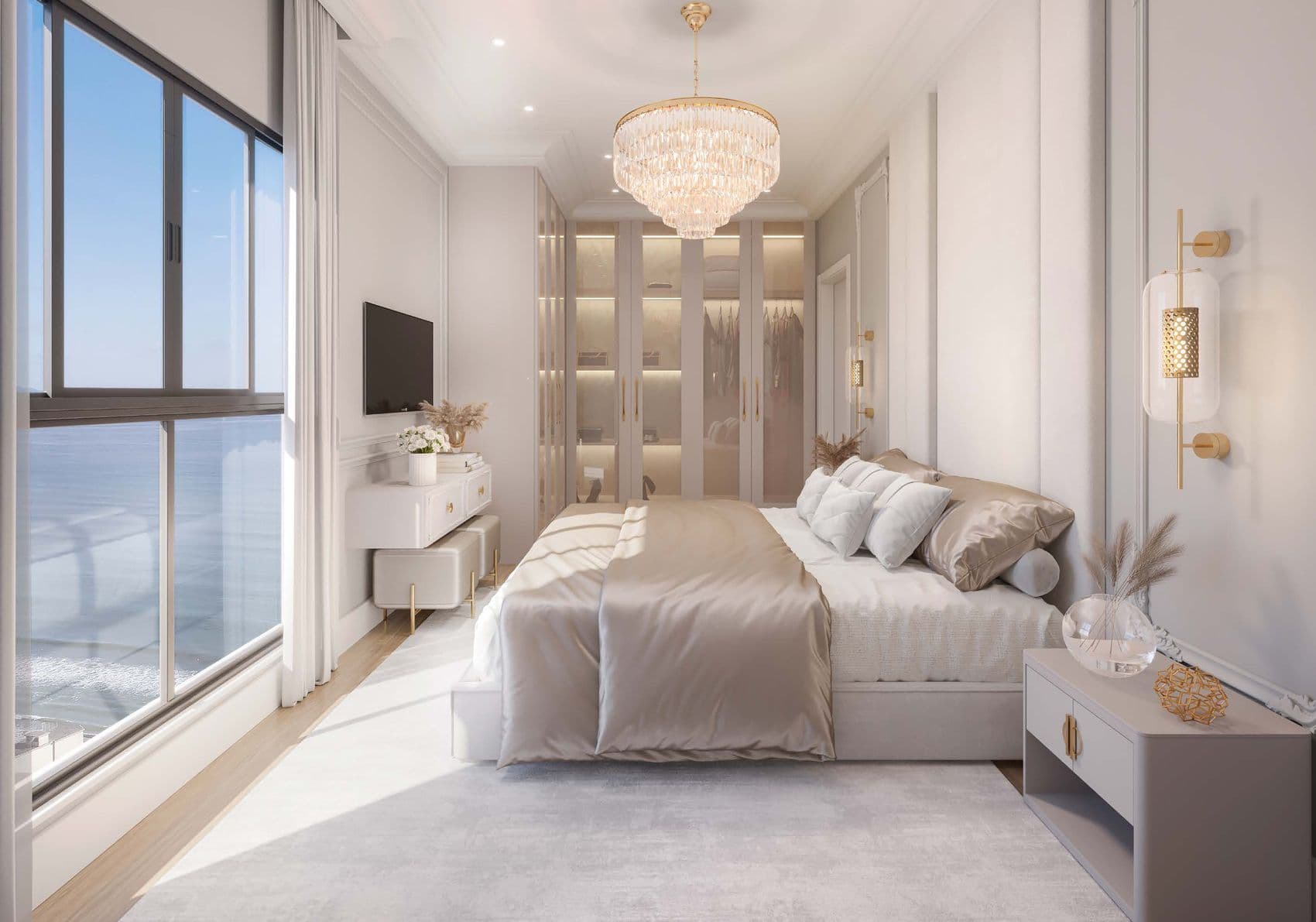 Suíte master de um apartamento do Palazzo Royale, na Meia Praia, Itapema