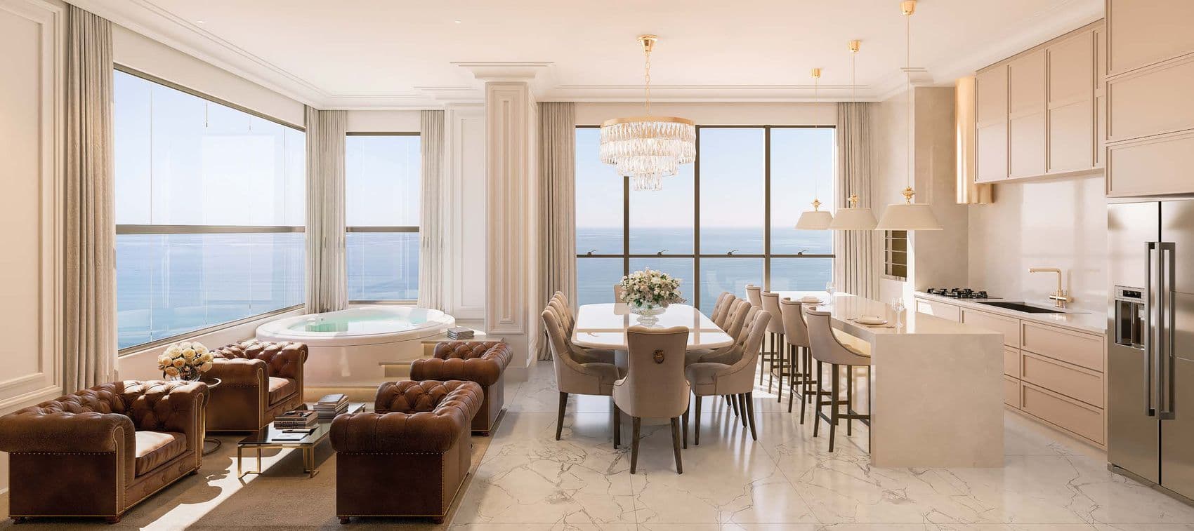 Living integrado do apartamento duplex do Palazzo Royale, com vista para o mar de Itapema