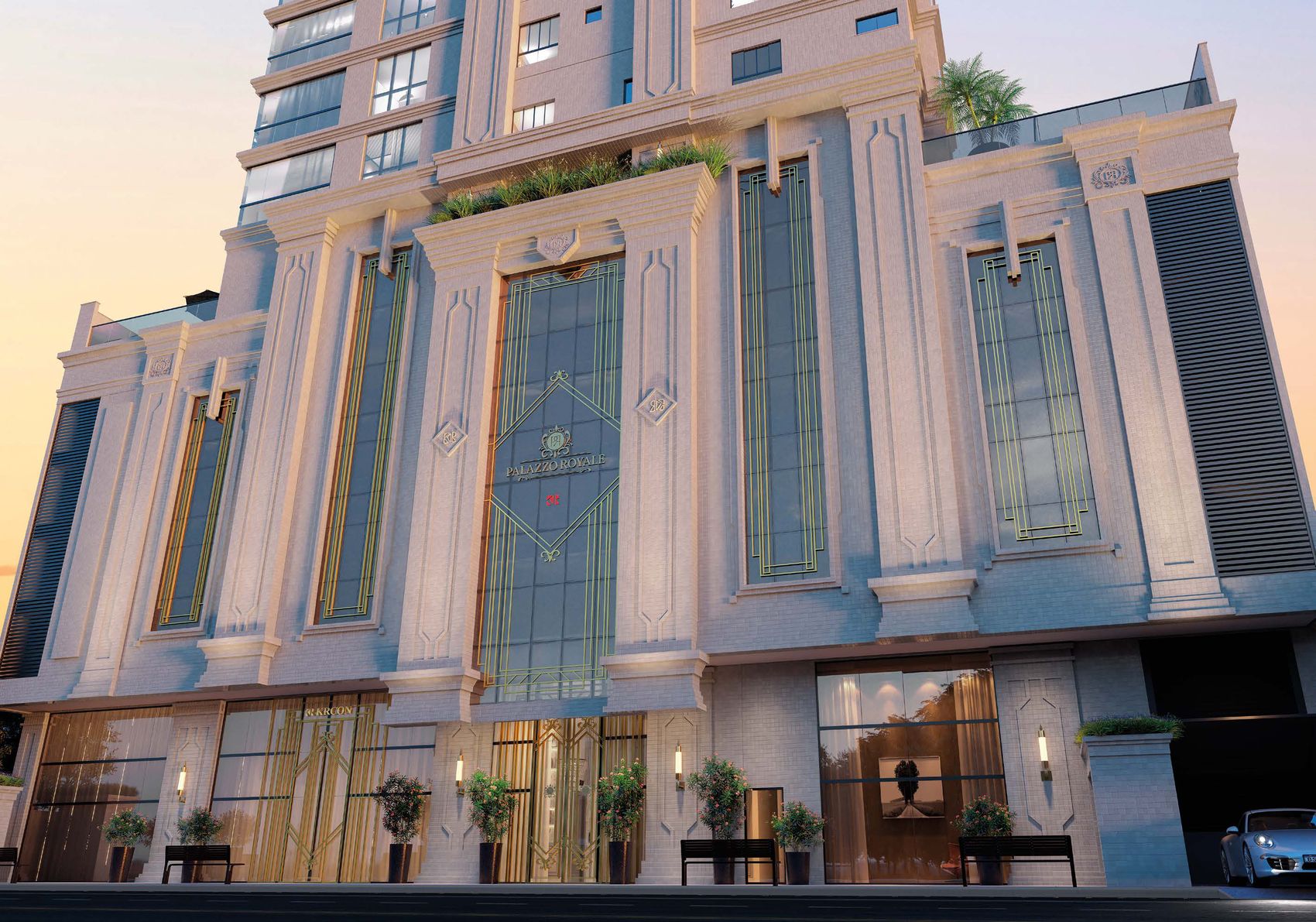 Fachada neoclássica iluminada do Palazzo Royale, quadra mar na Meia Praia, Itapema