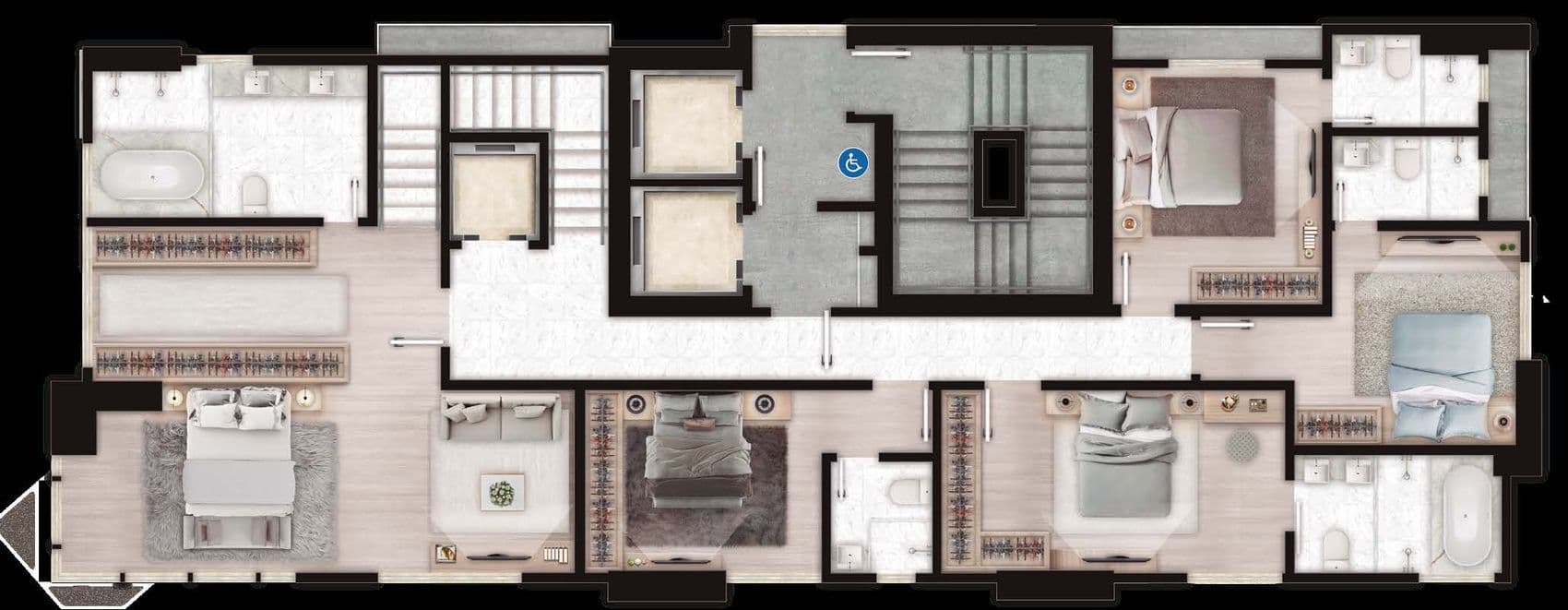 Planta do pavimento inferior do apartamento duplex do Palazzo Royale, com 308 m² e 5 suítes, em Itapema