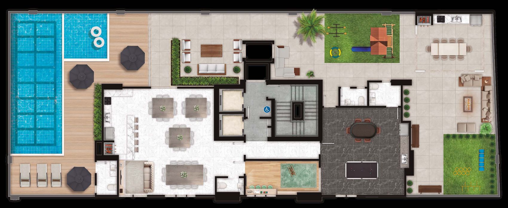 Planta da área de lazer de 763 m² do Palazzo Royale, na Meia Praia, Itapema