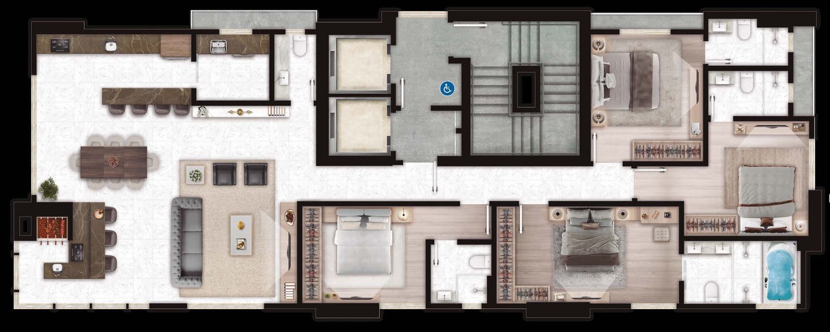 Planta do apartamento tipo do Palazzo Royale, com 154 m² e 4 suítes, na Meia Praia, Itapema