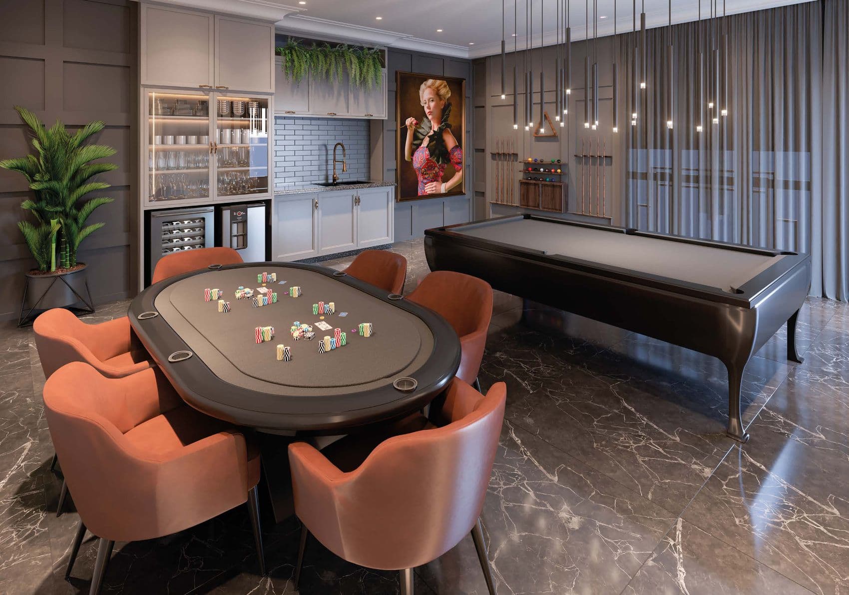 Sala de jogos com mesa de poker e sinuca do Palazzo Royale, em Itapema