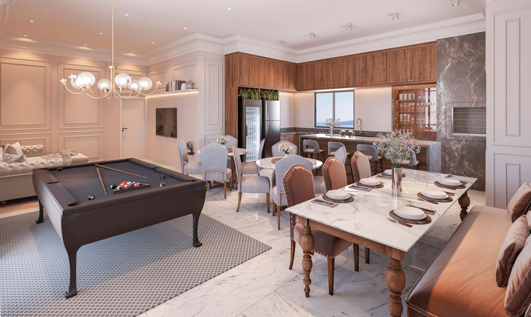 Espaço gourmet com mesa de sinuca do Palazzo Royale, na Meia Praia, Itapema